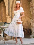 Vestido Douce Brise Midi de Cambraia Bordada Off White e Azul