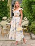 Conjunto Magnólia Cropped e Saia Midi de Crepe Alfaiataria Floral Off White e Azul