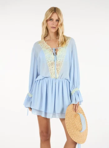 Vestido Curto Chiffon Detalhe Renda - Azul