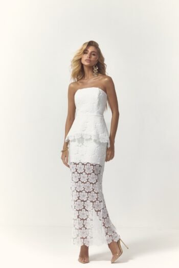 Vestido Midi em Renda Guipir com Peplum Off