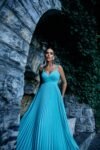 Vestido Longo Plissado Azul Tiffany