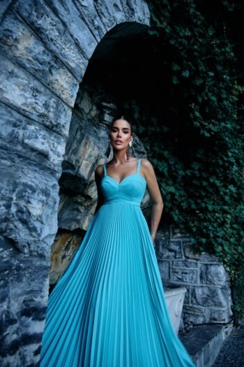 Vestido Longo Plissado Azul Tiffany - Foto 2
