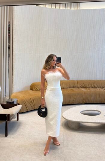 Vestido Midi Renda Com Plumas