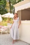 Vestido Parisien Midi de Telado Bordado Cru e Azul