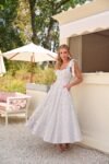 Vestido Parisien Midi de Telado Bordado Cru e Azul