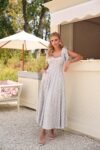 Vestido Parisien Midi de Telado Bordado Cru e Azul