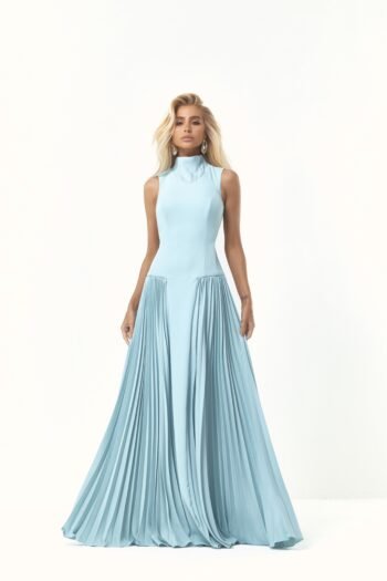 Vestido Longo Fluido Plissado frente unica  Azul Serenity