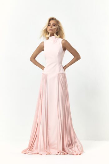Vestido Longo Fluido Plissado frente unica Rosa