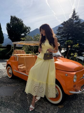Vestido Midi Peplum com Arramação Nas Costa Saia Ampla Amarelo