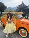 Vestido Midi Peplum com Arramação Nas Costa Saia Ampla Amarelo