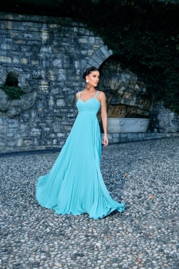 Vestido Longo Plissado Azul Tiffany