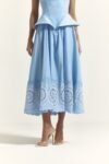 Vestido Midi Peplum com Arramação Nas Costa Saia Ampla Azul