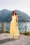 Vestido Midi Peplum com Arramação Nas Costa Saia Ampla Amarelo