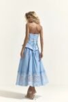 Vestido Midi Peplum com Arramação Nas Costa Saia Ampla Azul