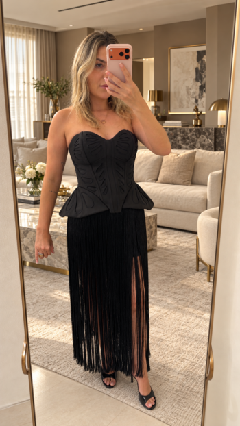Conjunto Blusa Peplum E Saia Midi com Franjas