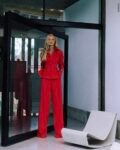 Conjunto Linho Calça Flaire E Camisa Peplum Com Pespontos Vermelho