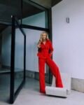 Conjunto Linho Calça Flaire E Camisa Peplum Com Pespontos Vermelho
