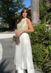 Conjunto Cropped Paetê Madreperola Com Franja e Calça Alfaiataria