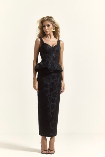 Conjunto Jacquard Blusa Peplum Saia Midi Preto