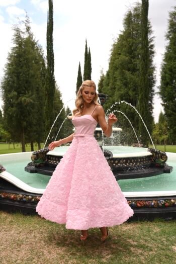 Vestido Midi Rosa Flores 3D