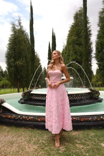 Vestido Midi Rosa Flores 3D - Foto 2