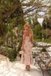Vestido Primrose Midi Bege Floral em Crepe Alfaiataria Premium