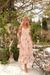 Vestido Primrose Midi Bege Floral em Crepe Alfaiataria Premium