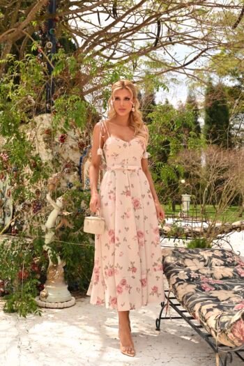 Vestido Primrose Midi Bege Floral em Crepe Alfaiataria Premium