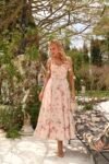 Vestido Primrose Midi Bege Floral em Crepe Alfaiataria Premium