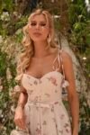 Vestido Primrose Midi Bege Floral em Crepe Alfaiataria Premium