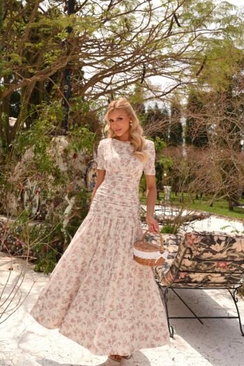 Vestido Frésia Midi Bege Floral em Malha Micro Fluid