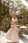 Vestido Frésia Midi Bege Floral em Malha Micro Fluid
