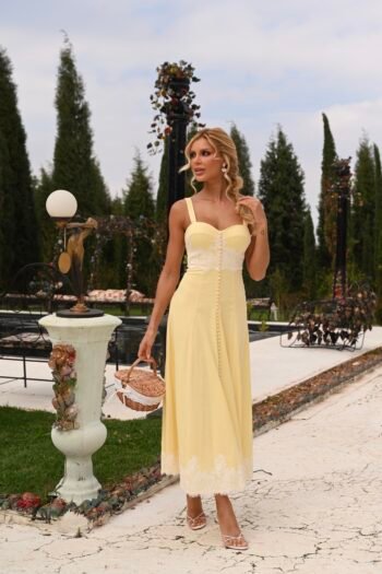 Vestido Begonia Midi Amarelo Manteiga m Linho Misto