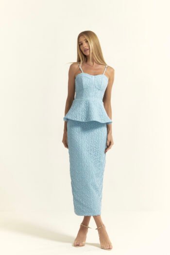 Vestido Midi em Renda Com Top Corset Peplum Azul
