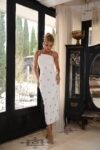 Vestido Cristal Midi Off-White em Crepe Alfaiataria Premium com Pedrarias e Pérolas