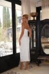 Vestido Cristal Midi Off-White em Crepe Alfaiataria Premium com Pedrarias e Pérolas