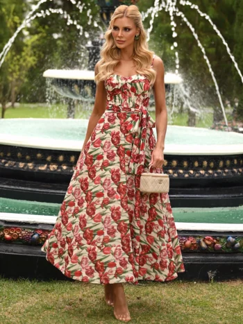 Vestido Holly Midi Floral em Crepe Alfaiataria Premium Bege