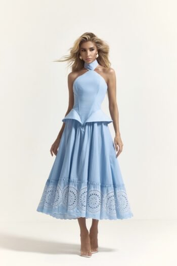 Vestido Midi Peplum com Arramação Nas Costa Saia Ampla Azul