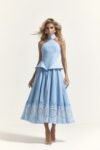 Vestido Midi Peplum com Arramação Nas Costa Saia Ampla Azul