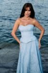 Conjunto Blusa Peplum Saia Midi Azul