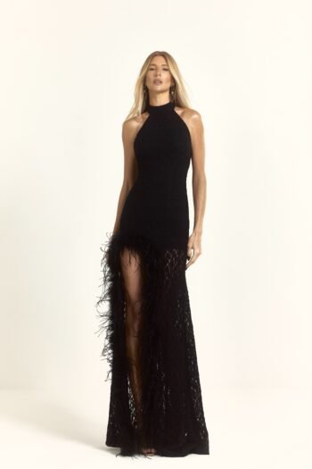 Vestido Longo Renda Com fenda e Plumas Preto