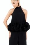 Conjunto Blusa Gola Alta Peplum Escultura e Calça em Alfaiataria Preto